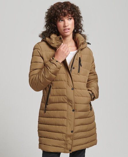 Superdry Women’s Faux Fur Hooded Mid Length Puffer Jacket Brown / Sandstone - Size: 12