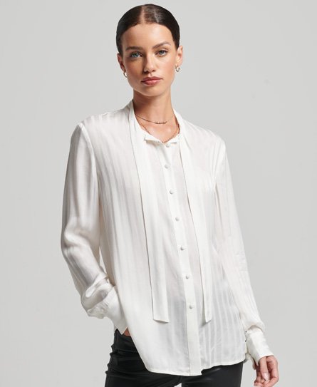 Superdry Women’s Studios Long Sleeve Tie Neck Shirt White / New Chalk - Size: 16