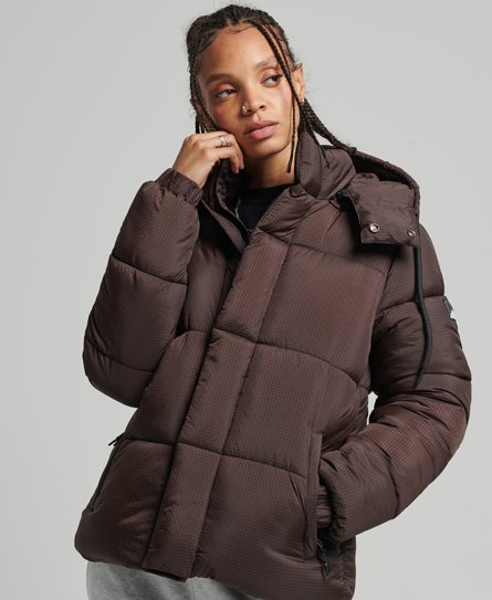 Superdry Women’s Hooded Ripstop Puffer Jacket Brown / Dark Oak Grid - Size: 12