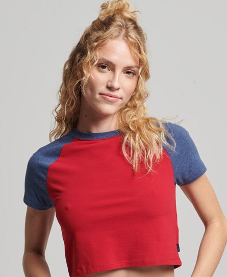 Superdry Women’s Organic Cotton Cropped Baseball T-Shirt Navy / Eclipse Navy Marl/Red - Size: 16