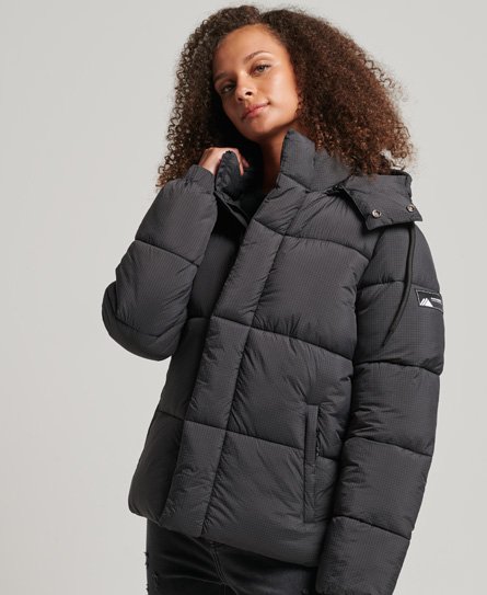 Superdry Women’s Hooded Ripstop Puffer Jacket Black / Black Grid - Size: 16