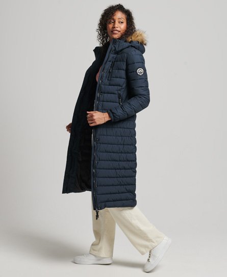 Superdry Women’s Faux Fur Hooded Longline Light Padded Puffer Coat Navy / Eclipse Navy - Size: 10