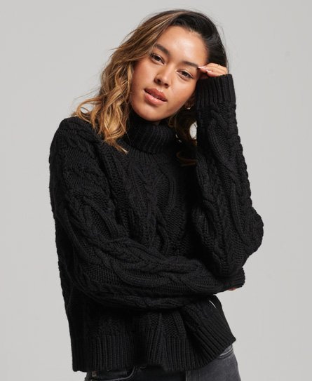 Superdry Women’s Cable Knit Polo Neck Jumper Black - Size: 8