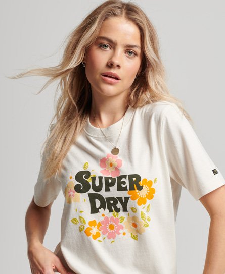 Superdry Women’s Vintage Floral Scripted T-Shirt White / Ecru Marl - Size: 6