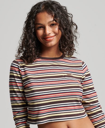 Superdry Women’s Organic Cotton Vintage Stripe Crop Long Sleeve Top Brown / Tonal Brown Stripe - Size: 6