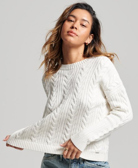 Superdry Women’s Dropped Shoulder Cable Knit Crew Neck Jumper White / Winter White - Size: 14