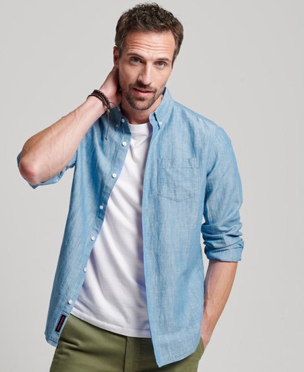 Superdry Men’s Organic Cotton Studios Linen Button Down Shirt Blue / Blue Bonnet - Size: XL