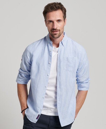 Superdry Men’s Organic Cotton Studios Linen Button Down Shirt Light Blue / Blue Bonnet Stripe - Size: S