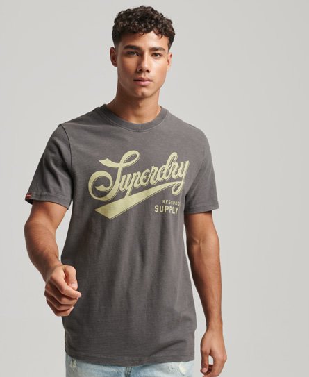 Superdry Men’s Classic Vintage Script Workwear T-Shirt, Dark Grey, Size: S