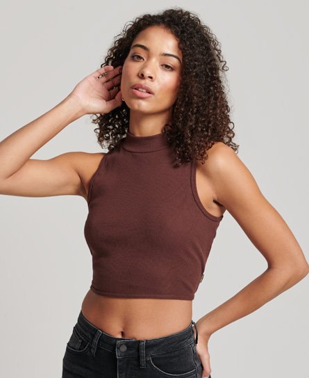 Superdry Women’s Cropped Mock Neck Tank Top Brown / Brown Chicory Coffee - Size: 14