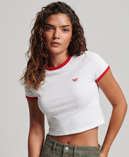 Superdry Women’s Ladies Embroidered Organic Cotton Ringer Crop T-Shirt, White and Red, Size: 12
