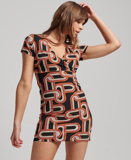 Superdry Women’s Ladies Geometric Print Wrap Day Dress, Black, Orange and White, Size: 8