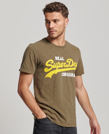 Superdry Men’s Vintage Logo Real Original Overdyed T-Shirt Khaki / Dark Olive Slub - Size: M