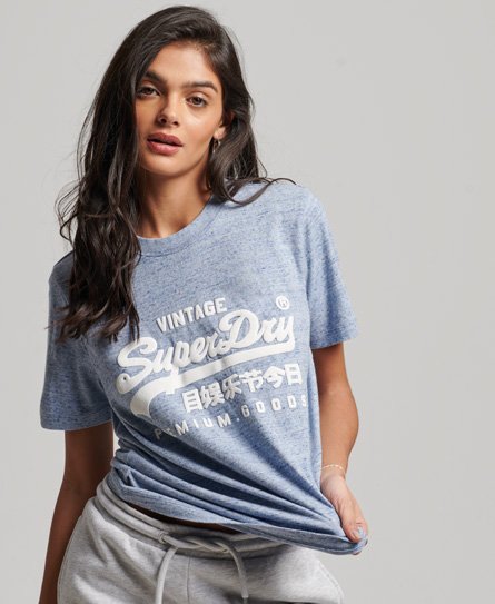 Superdry Women’s Organic Cotton Vintage Logo Scripted Coll T-Shirt Blue / LA Soft Blue Marl - Size: 12