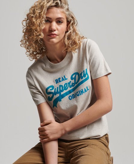 Superdry Women’s Organic Cotton Vintage Logo Scripted Coll T-Shirt Beige / Oatmeal Marl - Size: 8