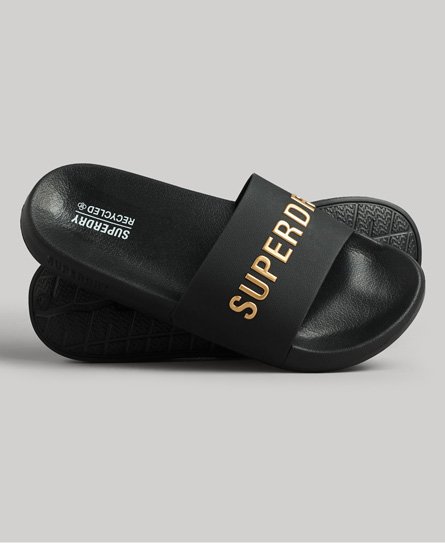 Superdry Men’s Code Logo Pool Sliders Black / Black/Metallic Gold - Size: S