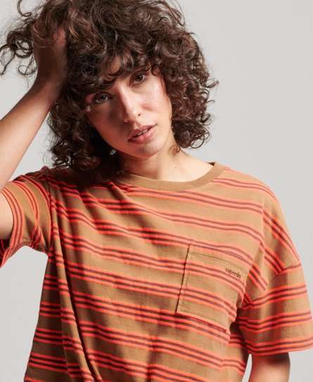Superdry Women’s Organic Cotton Vintage Boxy Tie Front T-Shirt Brown / Denim Co Tobacco Brown Stripe - Size: 16