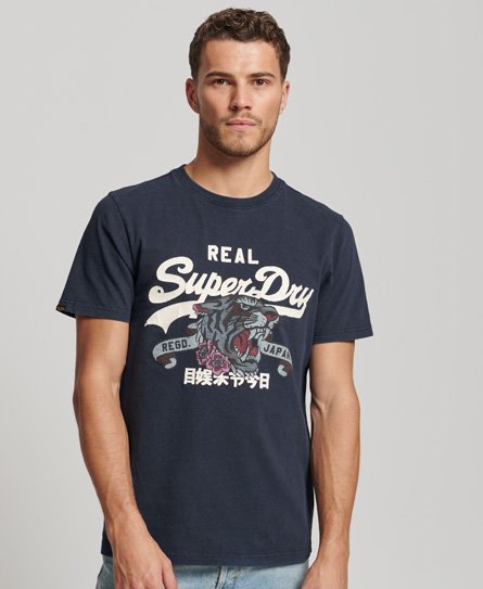 Superdry Men’s Men’s Classic Vintage Logo Narrative T-Shirt, Navy Blue, White and Grey, Size: S