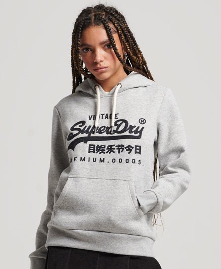 Superdry Women’s Classic Graphic Embroidered Vintage Logo Scripted Collegiate Hoodie, Grey, Size: 14