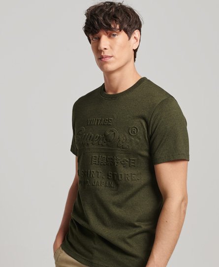 Superdry Men’s Vintage Logo Store Embossed T-Shirt Green / Black Olive Grit - Size: S
