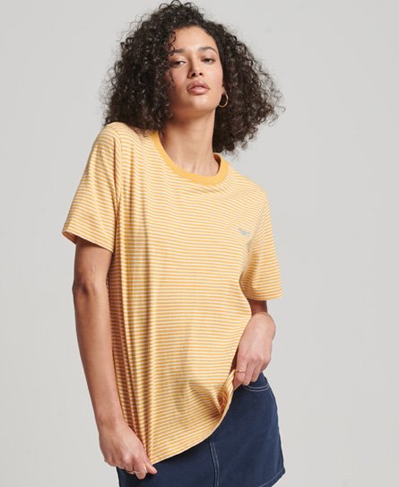 Superdry Women’s Vintage Logo Embroidered Stripe T-Shirt Yellow / Ochre Marl/Rodeo White Stripe - Size: 10