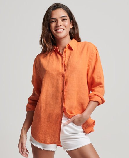 Superdry Women’s Casual Linen Boyfriend Shirt Orange / Jaffa Orange - Size: 8