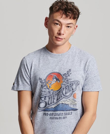 Superdry Men’s Classic Graphic Print Skate Scene T-Shirt, Light Blue and Orange, Size: XL
