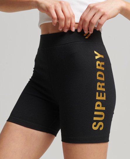 Superdry Women’s Code Core Sport Cycle Shorts Black / Black/Metallic Gold - Size: 10