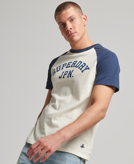 Superdry Men’s Organic Cotton Vintage Gym Athletic Raglan T-Shirt Cream / Lauren Navy/Winter Cream - Size: XL
