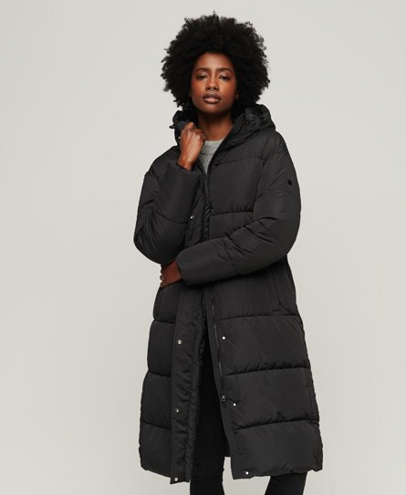 Superdry Women’s Women’s Longline Puffer Coat, Black, Size: 12