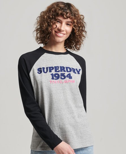 Superdry Women’s Vintage Logo Raglan Long Sleeve Top Grey / Athletic Grey Marl/Vintage Black - Size: 8