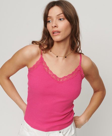 Superdry Women’s Organic Cotton Essential Rib Lace Cami Top Pink / Sweet Fuchsia Pink - Size: S/M
