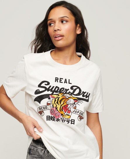 Superdry Women’s Classic Vintage Logo Narrative T-Shirt, Cream, Size: 14