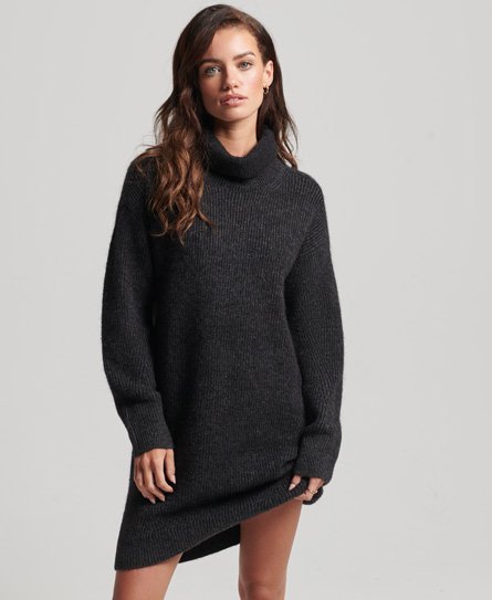 Superdry Women’s Loose Fit Knitted Roll Neck Jumper Dress, Dark Grey, Size: 8