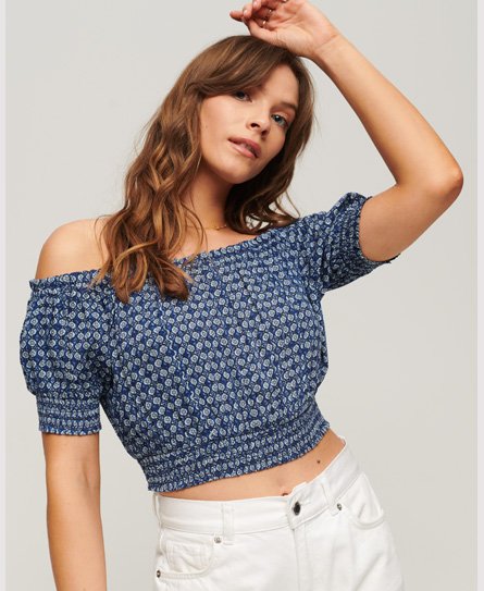 Superdry Women’s Classic Smocked Short Sleeve Crop Top, Blue, Size: 12