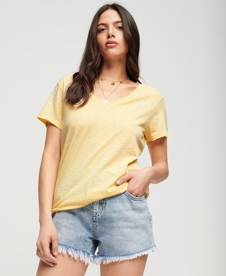 Superdry Women’s Classic Logo Embroidered Slub V-Neck T-Shirt, Yellow, Size: 16