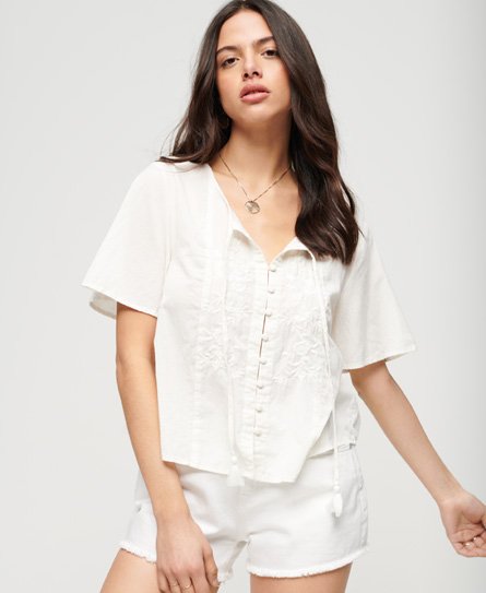 Superdry Women’s Short Sleeve Embroidered Button Top Cream / Ecru - Size: 8