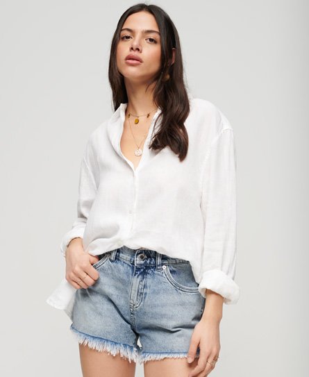 Superdry Women’s Loose Fit Textured Casual Linen Boyfriend Shirt, White, Size: 8