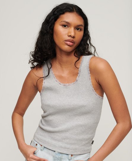 Superdry Ladies Organic Cotton Vintage Lace Trim Vest Top, Grey, Size: M/L