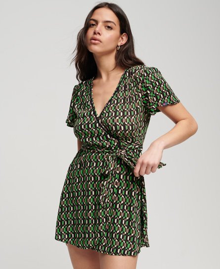 Superdry Women’s Vintage Mini Wrap Dress, Green, Size: 10