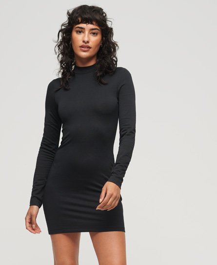 Superdry Women’s Mock Neck Jersey Mini Dress, Black, Size: 12