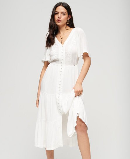 Superdry Women’s Embroidered Tiered Midi Dress White / Off White - Size: 10