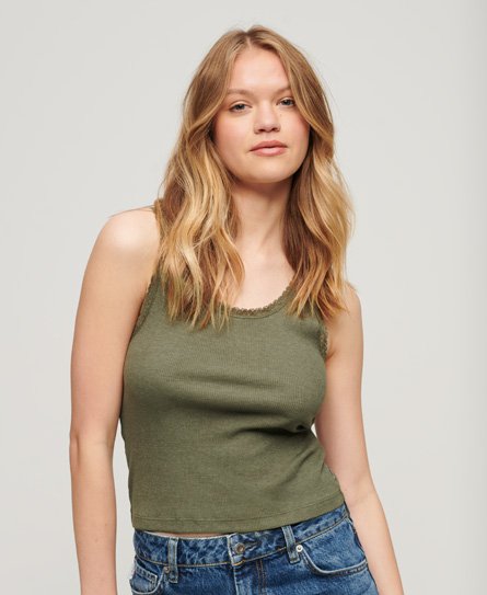 Superdry Women’s Organic Cotton Vintage Lace Trim Vest Top Green / Dusty Olive Green Marl - Size: S/M