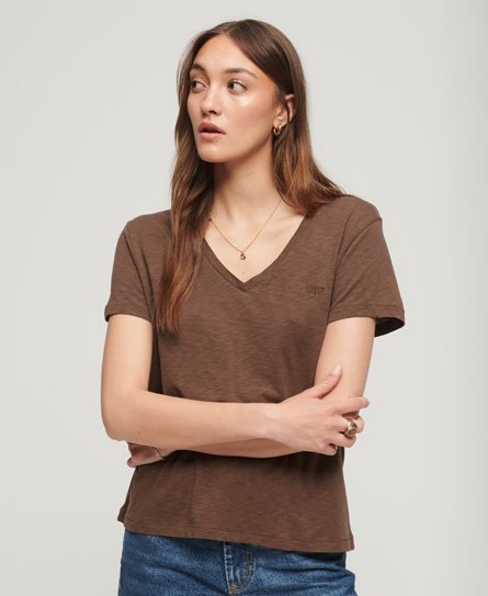 Superdry Women’s Slub Embroidered V-Neck T-Shirt Brown / Pinecone Brown - Size: 14