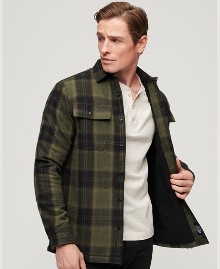 Superdry Men’s Fleece-Lined Wool Check Overshirt Khaki / Roderick Check Olive - Size: M