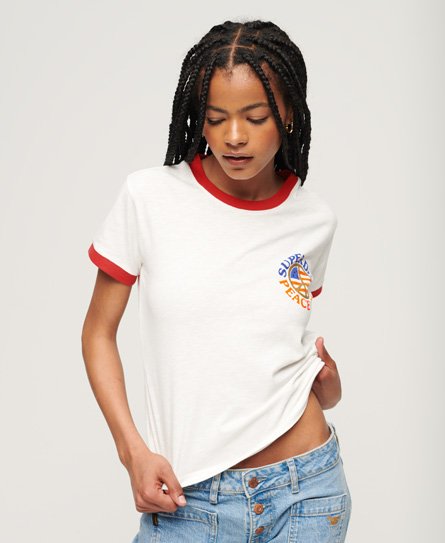 Superdry Dames T-Shirt À Motif Vintage Americana, Blanc et Rouge,
