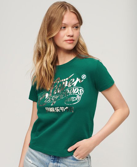 Superdry Women's Workwear Scripted Graphic T-Shirt Green / Storm Green