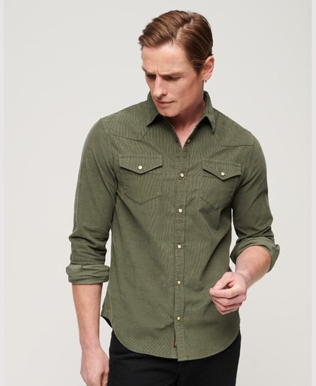 Superdry Men’s Western Long Sleeve Cord Shirt Green / Thyme Green - Size: L