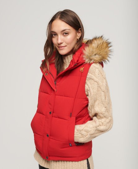 Superdry Women’s Everest Faux Fur Puffer Gilet Red / Varsity Red - Size: 8