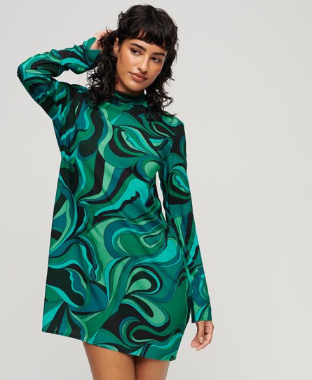 Superdry Ladies Long Sleeve Printed Mini Dress, Green, Blue and Black, Size: 8